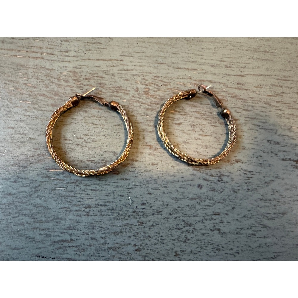 Braided Wire Hoop Earrings Bronze Gold Tone Textured Woven Latch Back 1.5 Inch